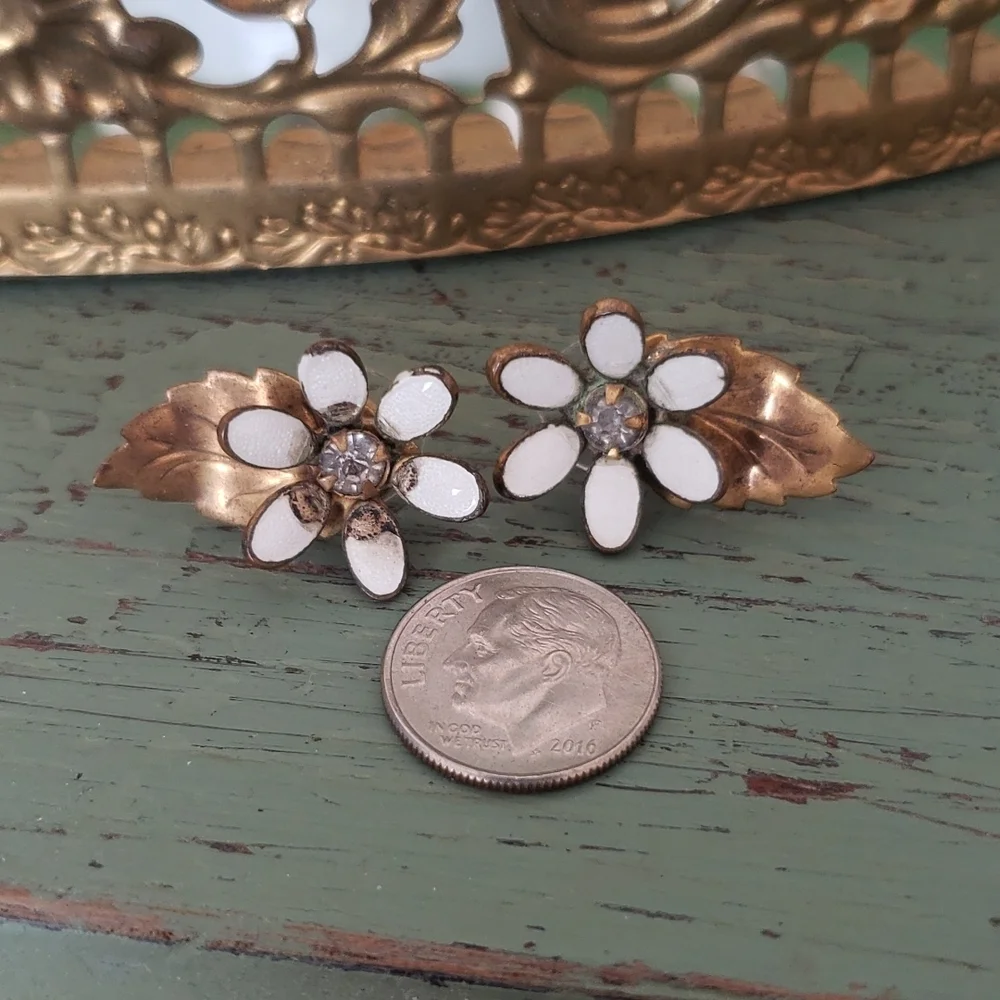 Antique Vintage Reworked Enamel Floral Rhinestone Stud Earrings - Picture 4 of 5